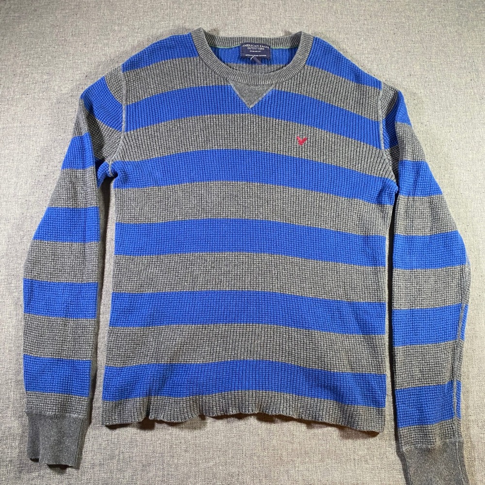 American Eagle‎ Mens M Medium Striped Waffle Knit Long Sleeve Shirt Blue Gray